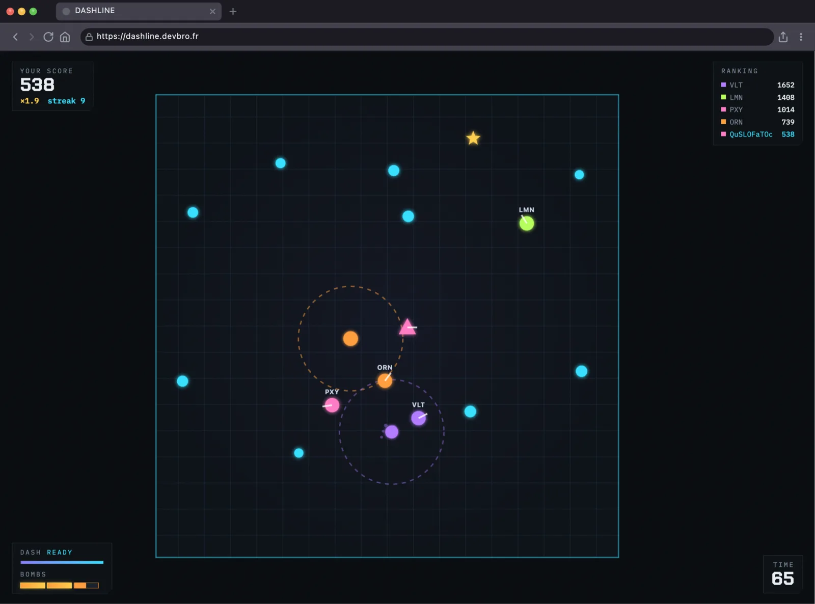 A top-down Dashline arena: players as small coloured shapes, scattered cyan orbs to collect, dashed circles marking armed bombs, with a score and a live leaderboard in the corners.