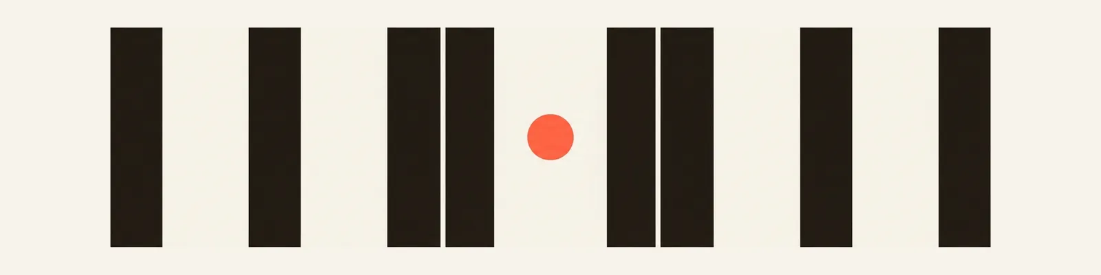 A single coral figure half-hidden behind a row of evenly spaced ink bars, like a screen.