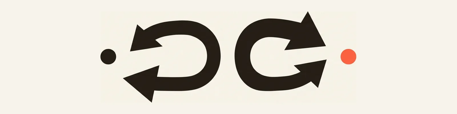 Two mirrored arrows: one looping inward to its own dot, one flung outward at a separate dot.