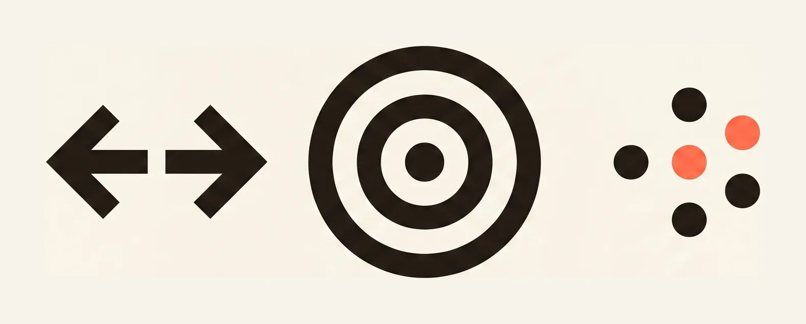 Three small emblems in a row: a pair of opposed arrows, an inward spiral, and a scatter of dots.